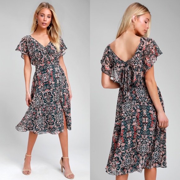 Lulus | Charmed I'm Sure Dark Green Floral Print Midi Dress - Picture 1 of 7